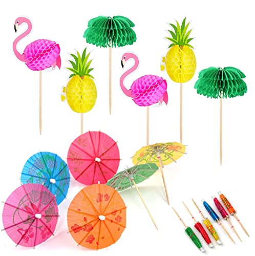 OMIGA 70 Piezas Sombrillas de Cócteles Decoraciones de Fiesta de Cócteles Palillos de Panal y Piña Flamenco 3D para Cóctel Bebidas Tropicales Decoración de Fiesta de Cumpleaños Etc