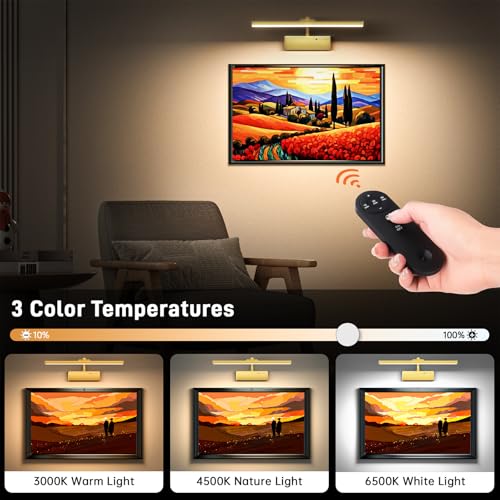 15.35 Wireless Rechargeable Picture Light with Remote - 5400mAh Battery, 3 Color Modes, Dimmable for Artwork Display (Gold)