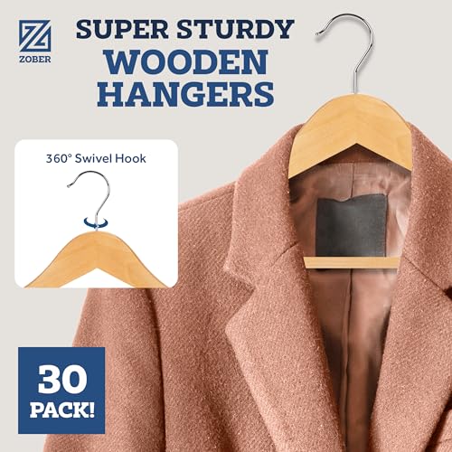 Image of Zober Wooden Suit Hangers 30 Pack with Non Slip Pants Bar - Smooth Finish Solid Wood Coat Hanger with 360 Swivel Hook & Precisely Cut Notches for Camisole,Jacket,Pant,Dress Clothes Hangers - 1 Count