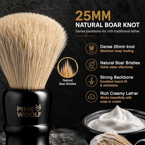 Image of Pink Woolf Boar Shaving Brush for Men | Natural Bristles for Rich Lather & Gentle Exfoliation | Traditional Wet Shaving Brush for Soap & Cream (Shaving Brush (Black Acrylic Handle), 1)