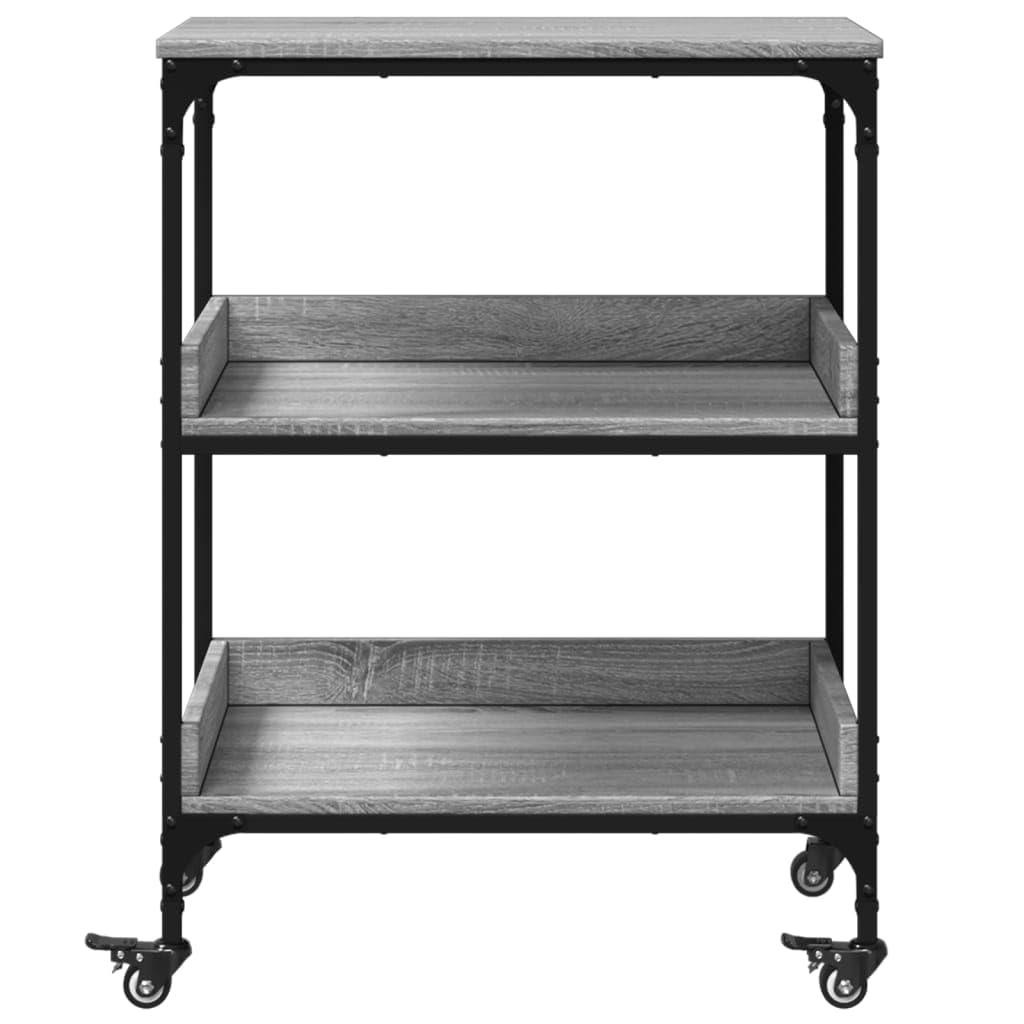 Carro de cocina gris Sonoma 60 x 41 x 80,5 cm de material de madera con marco de acero y 4 ruedas, 2 con bloqueo, carrito de servicio para almacenamiento adicional en la cocina y el salón,