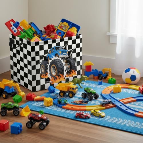 Image of Rectangular Baby Kids Storage Basket for Home Kitchen Girls Cute Toy Storage Bin Organizer Shelf Book Room Decor(Checkered Truck)