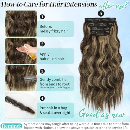 Image of KooKaStyle Wavy Thick Clip in Hair Extensions 20 inch Brown mix Sandy Blonde | 4 Pieces Clip in Extensions,Fiber Double Weft Hairpieces,Natural Volume,Beach Wave Long Synthetic Hairpieces for Women