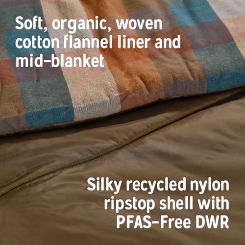 Image of Kelty Wayback Flannel Lined Sleeping Bag, Built in Blanket, Traditional Rectangle Shape, Organic Flannel Cotton Liner, Dual Locking Slide Zips