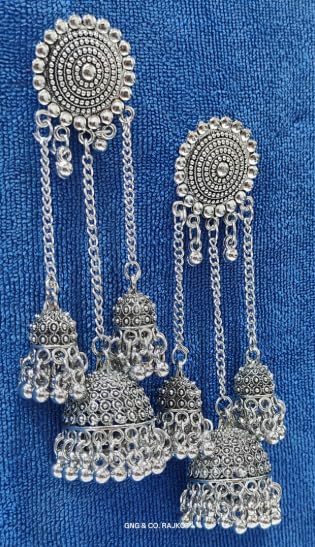 Image of Oxidised Silver Finish Triple Jhumka Earrings for Women | Traditional Ethnic Statement Earrings | Festive & Wedding Jewelry