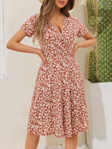 Image of MSBASIC Womens Summer Wrap V Neck Casual Dresses Floral Short Sleeve A-Line Midi Sundress