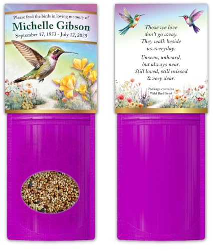 25 Personalized Hummingbird Garden Memorial Funeral Cards with Bird Seed Packets, Choice of Sympathy Poem, Celebration of Life, Remembrance, Keepsake, Favor, Rainbow Garden Design, Purple Qty 25