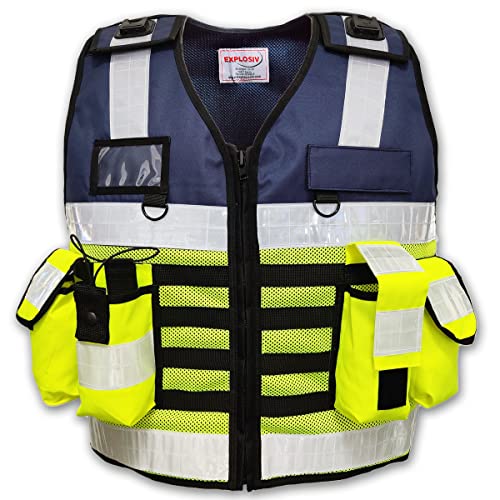 EXPLOSIV Reflektierende Multi-Taschen Security Sicherheitsweste, Größe M-2XL (verstellbar), navy-yellow (Hundeführer)