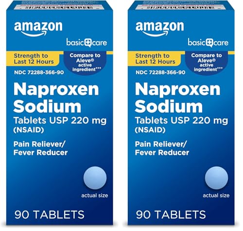 Image of Amazon Basic Care Naproxen Sodium Caplets 220 mg,Pain Reliever /Fever Reducer (NSAID),12-Hour Relief for Headache,Backache,Menstrual Pain,Muscle Aches,Arthritis,90 Count (Pack of 2)