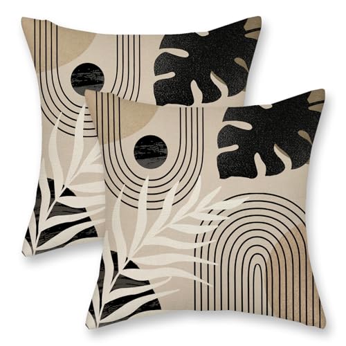 DAFENA Black Boho Pillow Covers 18x18 Inch 2 Pcs Beige Brown Tropical Leaf Mid Century Summer Outdoor Decor Throw Pillows Modern Geometry Farmhouse Decoration Pillowcase Linen Cushion Cover for Couch