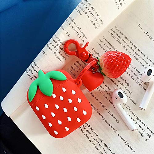 Bontoujour Case Compatible With Airpods 1/2, Super Cute Creative Lovely Delicious Fruit Red Strawberry Shape Case, Soft Silicone Earphone Protection Skin + Strawberry Pendant Keychain #TOP2