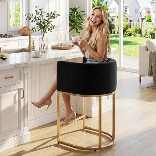 Image of HNY Modern Counter Height Velvet Fabric Upholstered Counter Stool, 24 Inch Kitchen Island Stool with Gold Finish Metal Frame, Black