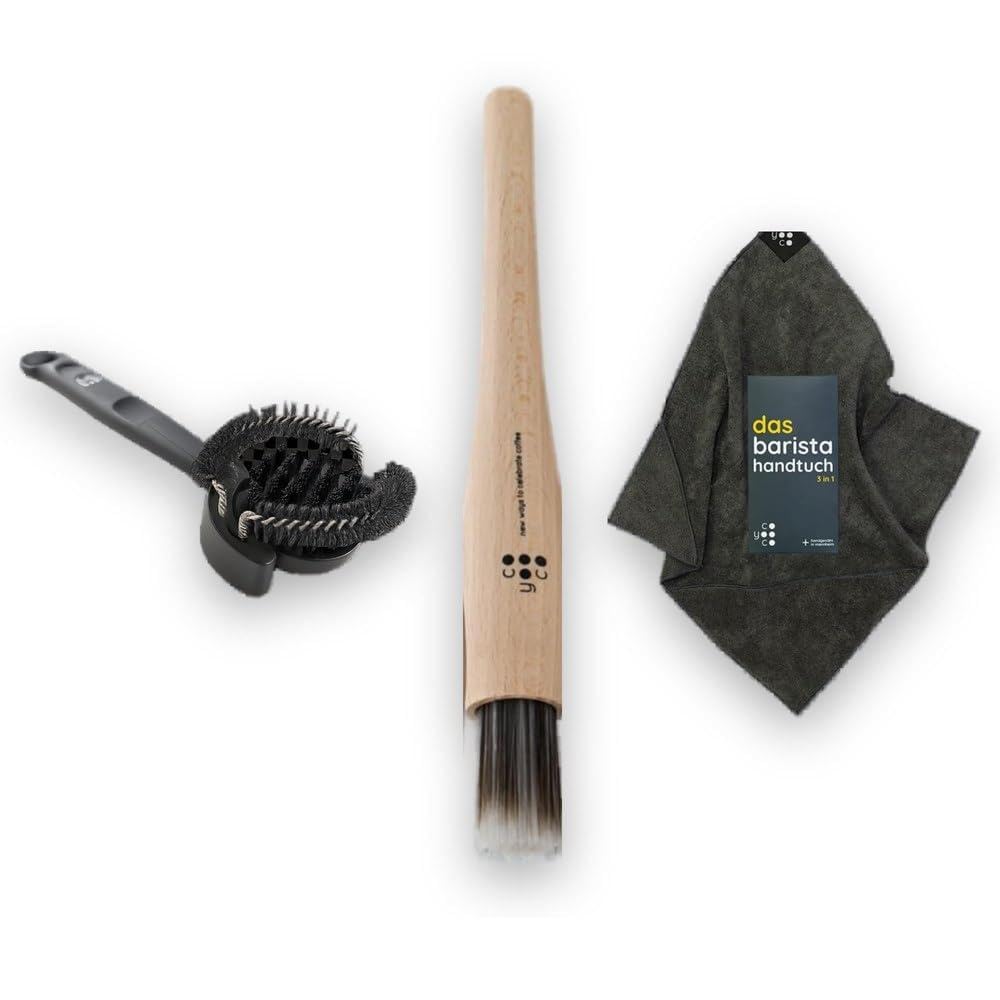 COYOOCO Barista Zubehör Set 3-teilig – Siebträger Zubehör zur Reinigung: Brühgruppenbürste 58mm, veganer Barista Pinsel & Barista Tuch 3in1 – Barista Set & Geschenk für Kaffeeliebhaber