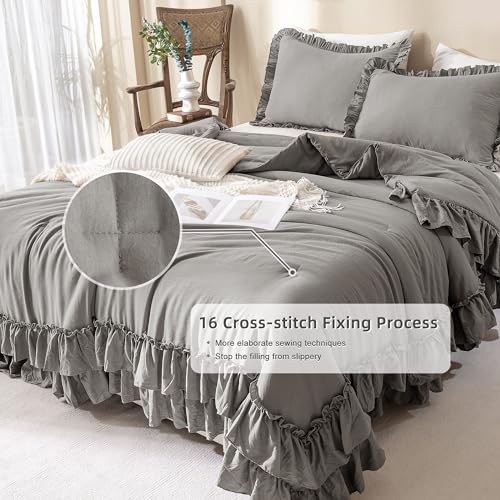 Image of QSH Shabby Grey Ruffled Chic Comforter Queen Size, Farmhouse Boho Bedding Comforter Sets, 3 Pieces All Season Microfiber Inner Fill Bedding, Ultra Soft Lightweight Comforter Queen for Bed