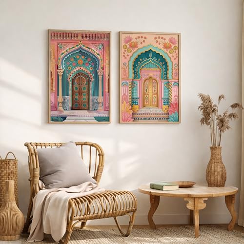 Image of Suneree Rajasthani Haveli Door Wall Art Painting | Set of 2 Framed Paintings | Colorful Indian Architecture Decor for Living Room Bedroom Home | (ART 2, 10x13 INCHES)