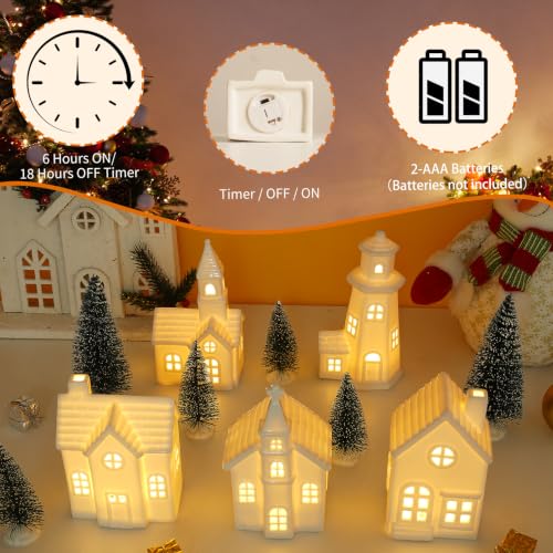Luxstyra 11Pcs White Ceramic Christmas Village Houses with Timer - image 4