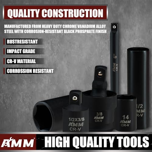 AMM 3/8" Drive Impact Socket Set, 48-Piece Standard SAE (5/16 to 3/4 inch) and Metric (8-22mm) Size, 3" and 6" Drive Extension Bar, Impact Universal Joint, 3/8" to 1/2" Impact Adaptor, CR-V by AMM - Image 3