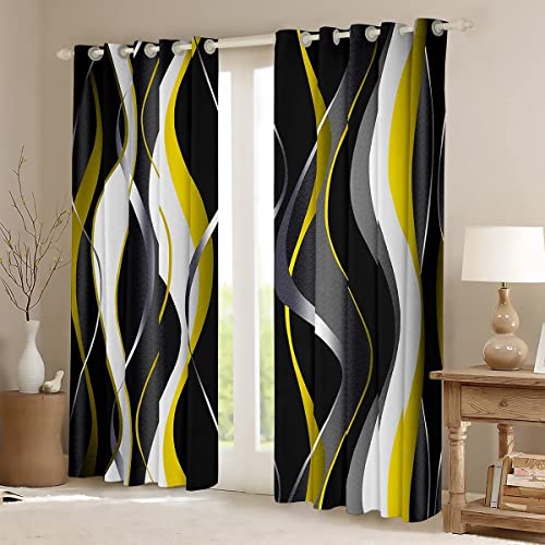 Loussiesd Yellow Grey Black Curtains Geometric Spiral Pattern Window Drapes for Boys Girls Modern Luxury Blackout Curtain Abstract Art Window Treatments W46*L72 - Image 2