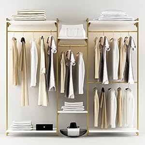 Gold Wall Mount Clothes Rack with 4 Hanging Rods, Clothing Rack with 6-Tier Adjustable Shelves, Closet Storage Organizer System Kit, Heavy Duty Garment Rack with Metal (80.43" L*78.62" H) (Gold) Gold Wall Mount Clothes Rack with 4 Hanging Rods Clothing Rack with 6 Tier Adjustable Shelves Closet Storage Organizer System Kit Heavy Duty Garment Rack with Metal 8043 L7862 H Gold