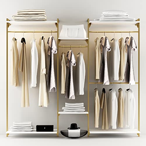 Gold-Wall-Mount-Clothes-Rack-with-4-Hanging-Rods-Clothing-Rack-with-6-Tier-Adjustable-Shelves-Closet-Storage-Organizer-System-Kit-Heavy-Duty-Garment-Rack-with-Metal-8043-L7862-H-Gold Gold Wall Mount Clothes Rack with 4 Hanging Rods Clothing Rack with 6 Tier Adjustable Shelves Closet Storage Organizer System Kit Heavy Duty Garment Rack with Metal 8043 L7862 H Gold
