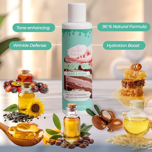 Image of Body oil designed for Deep Hydration to nourish, protect, and rejuvenate the skin while leaving it with a soft, radiant glow and a cake & icing scent long -lasting fragrance, jojoba oil and more