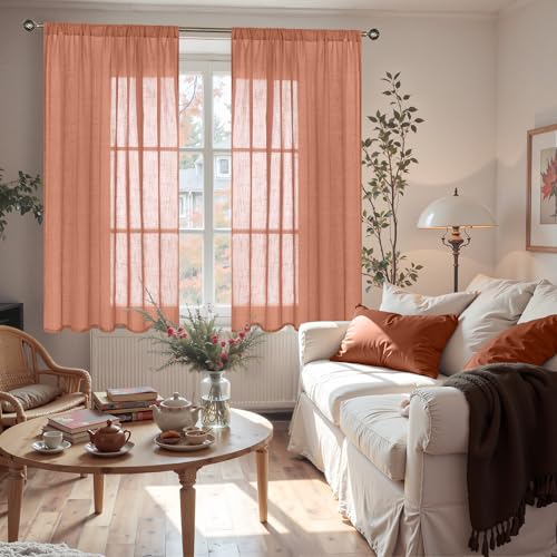 Image of BGment Rust Terracotta Linen Curtains 45 Inch Length, Burnt Orange Semi Sheer Drapes for Bathroom Short Living Room Windows Lightweight with Rod Pocket, 2 Panels Set, Each 42 Inch Wide