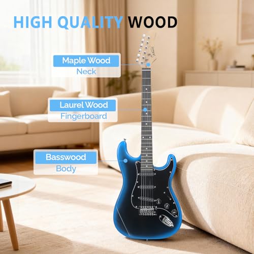Image of GLARRY Full Size Electric Guitar for Music Lover Beginner with 20W Amp and Accessories Pack Guitar Bag (BLACK & BLUE, 39 inch Right Handed)