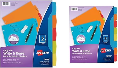 Avery Big Tab - Separadores de plástico duraderos para escribir y borrar, 5 pestañas multicolores, 1 juego (16129) y separadores de plástico
