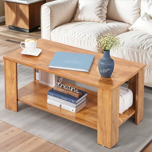 Image of ABOUT SPACE Coffee Table - Portable Wooden Centre Table with Storage, Open Rack & Corner Baffles - Furniture - Sofa /Tea /Teapoy for Living Room, Home, Office (Teak - L 90 x B 55 x H 45 cm)