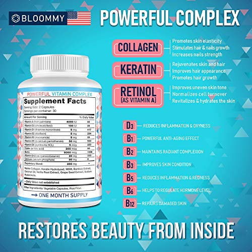 Biotin, Collagen & Keratin Capsules - Joints, Skin & Hair Natural Vitamins - Made in USA - Biotin & Collagen Supplements for Women - Collagen Pills for Hair Care - Collagen Peptides Pills - 60 caps - Thumbnail 7