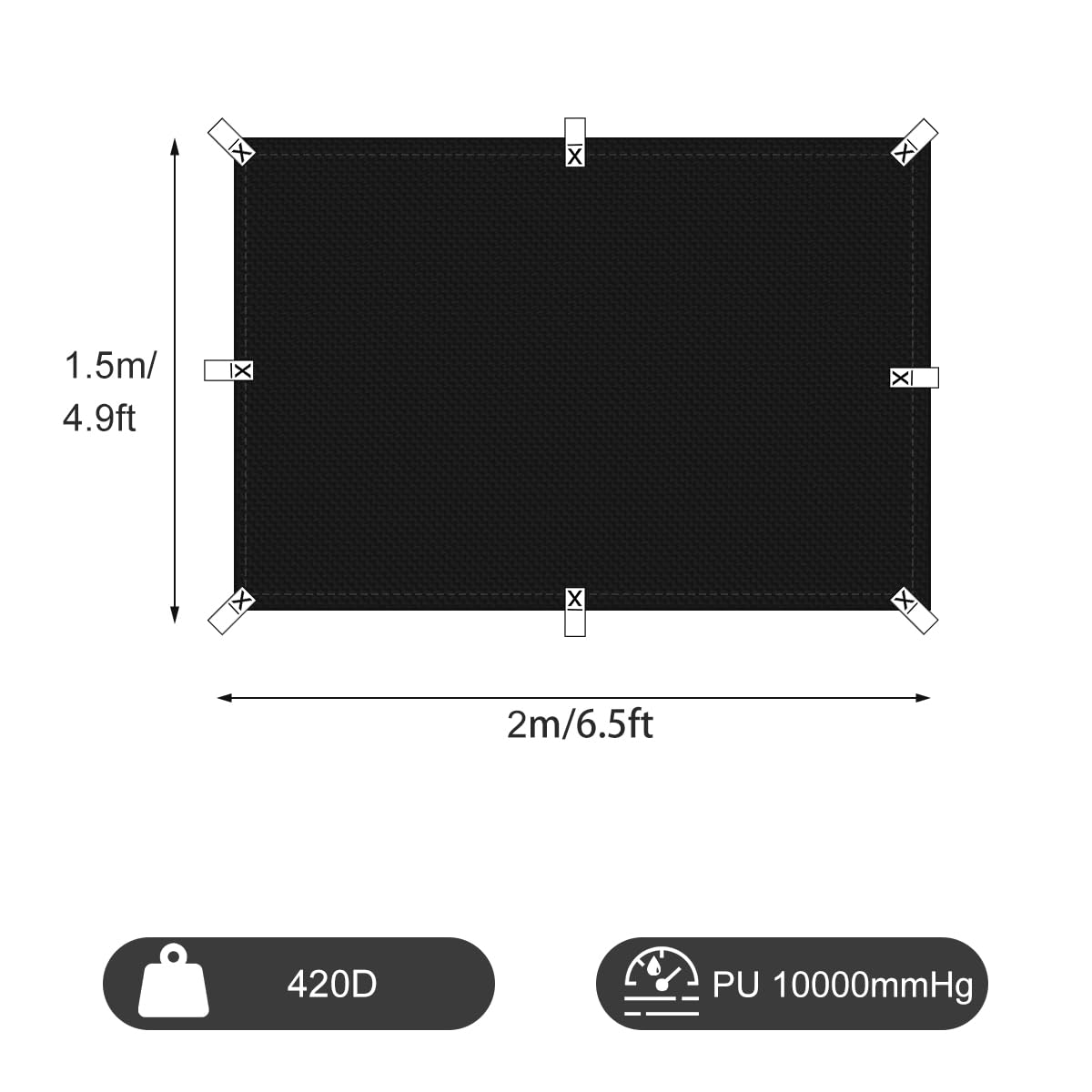 Honsaifau Waterproof Tarpaulin Outdoor Cover: Black 1.5m x 2m 420D Lightweight Oxford Fabric Tarp Sheet with Reinforced Loops - Image 3