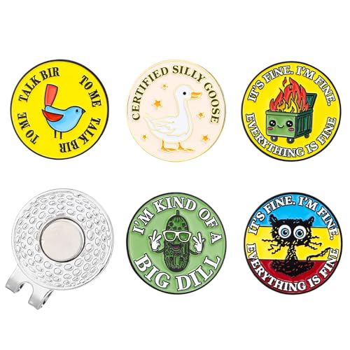 Liliaafar 6 Pcs Golf Ball Marker And Magnetic Hat Clip Bulk Funny Golf Accessories Geese Flaming Trash Cans Markers Cool Sports Tool For Women Men Sports Player Lovers Gift(Funny)