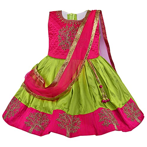 Image of Wish Karo Girls' Ethnic Lehenga Choli Dress with Dupatta - Pink & Green Traditional
