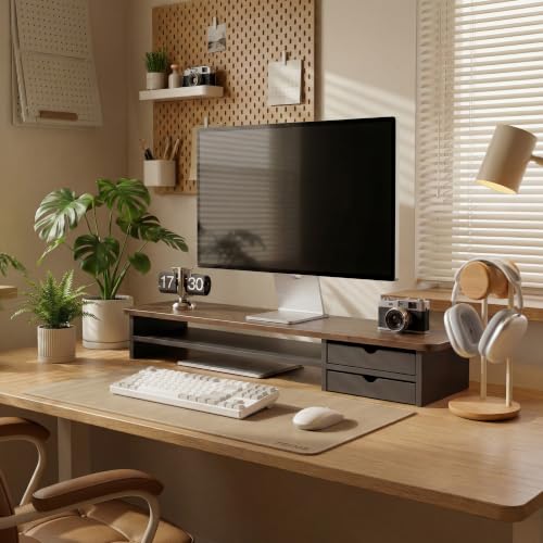 Image of Fenge Monitor Stand, Dual Monitor Riser, 42.5inch Large Desk Computer Monitor Stand Riser with Drawer, 2 Tier Wood & Acrylic Desktop Organizer for Computer, Laptop, Printer, TV Screen Riser