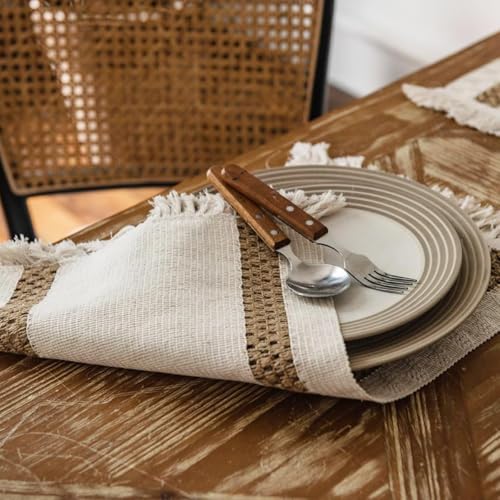 Image of HomeCloud Croshia Woven Table placemat - Heat Resistant, Washable Table Decoration for Dining, Office, Kitchen, Hotel, and Home (Rec White Baige, Set of 6)