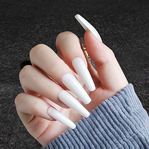 Ibliss White Extra Long Press on Nails Coffin Ballerina Full Cover Fake Nails Pure Glossy Night Club False Nails Stick on Artificial Acrylic Nails for Women and Girls 24PCS