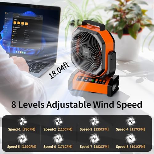 Socool Camping Fan with Light, 20000mAh Rechargeable Battery Fan with Remote, 112Hrs & 8 Speeds, Digital Display, Timer, Auto Oscillation, 270° Pivot & Hook for Outdoor Tent, Hurricane, Power Outage