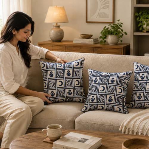 Image of Indigo Grid Leaf Embroidered Cushion Cover | Decorative Sofa Pillow Cover | Hidden Zipper | Premium Cotton Fabric | 16 x 16 Inch | Pack of 1