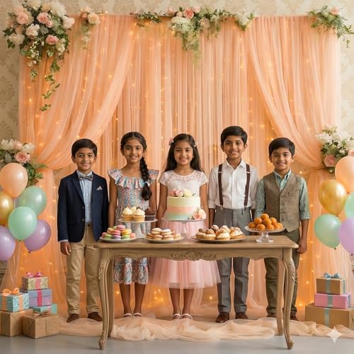 Image of Party Propz Peach Net Curtain for Backdrop Decoration with Light - 5 Pcs Background Decoration Cloth, Birthday Backdrops for Decorations, Anniversary, Festival, Wedding Backdrop Decorations for Home