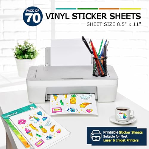 Image of Premium Printable Vinyl Sticker Paper for Inkjet and Laser Printer - 70 White Matte Sticker Paper Waterproof - Excellent Adhesion Paper 8.5 x 11, Fast Dry, Holds Ink Well, Great for Cutting Machines