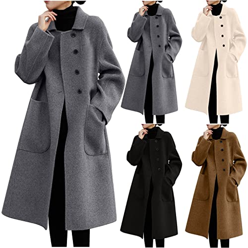 Firzero Women's Notch Lapel Double Breasted Coats, Casual Solid Color Mid-Long Warm Faux Wool Blend Pea Coat