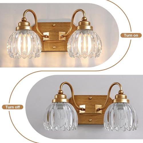 Image of Vintage Gold Bathroom Light Fixtures,2 Light Tulip Crystal | Brushed Gold Vanity Lights,Matte Antique Brass Finish, Mid Century Style,Wall Sconces for Bedroom, Hallway, Easy To Install
