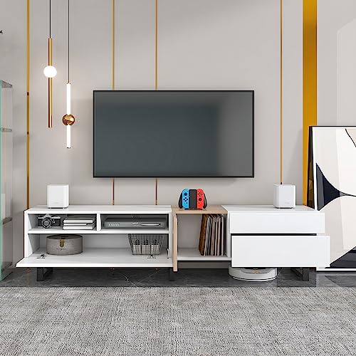 Merax Modern TV Entertainment Center with Cabinets, Drawers & Open Shelves, Wood TV Stand for TVs Up to 80” for Living Room Bedroom (White & Natural) - Image 5