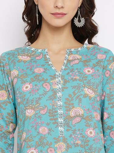 Image of Tissu Women's Cotton Sea Green & Pink Floral Printed Kurta with Palazzo