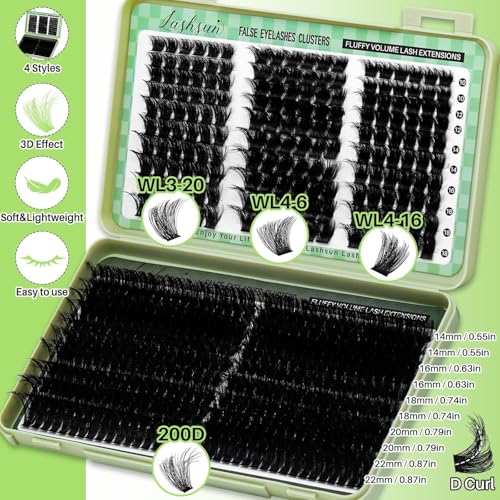 LASHSUN Thick Fluffier 200D Lash Clusters Kit 540pcs D Curl 4 Styles 10-22mm Cluster Lashes Kit Soft and Comfortable False Eyelashes Extension Kit, DIY Long Lasting Lashes At Home - image 4
