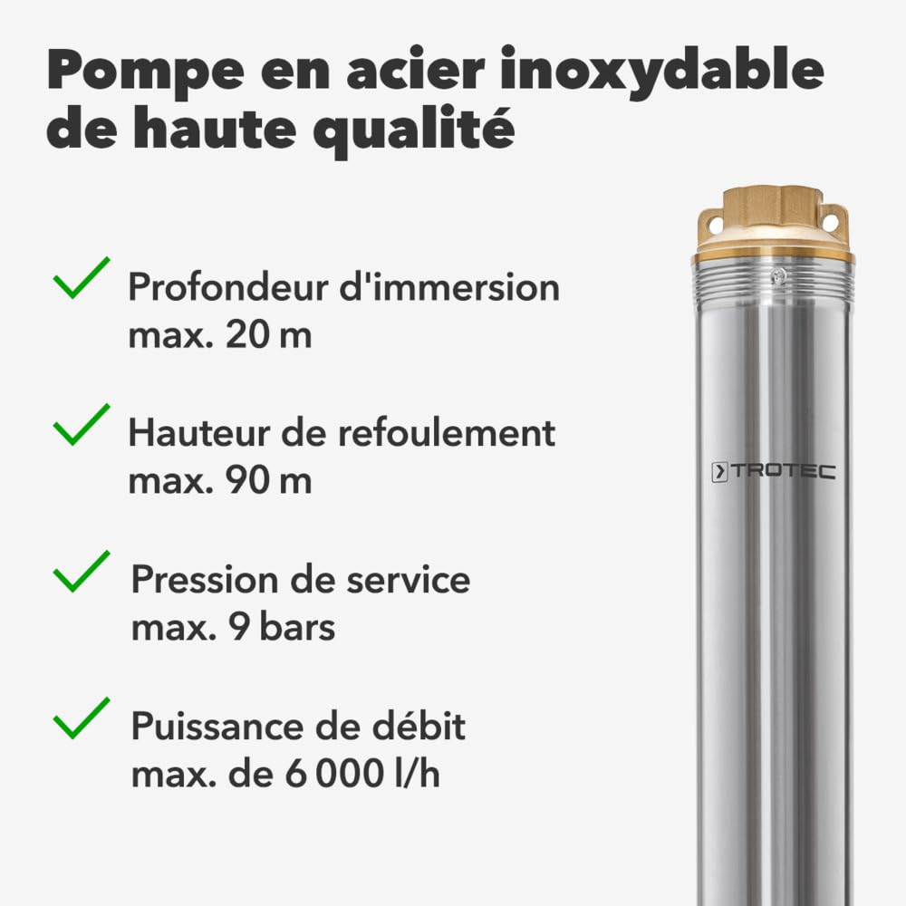TROTEC Pompe de puits profonde TDP 7501 E - Pompe à eau avec débit 6000 l/h, 1100 W - Hauteur de refoulement 90 m, ø 8,6 cm, IP68 pour pompe, pompe en acier inoxydable