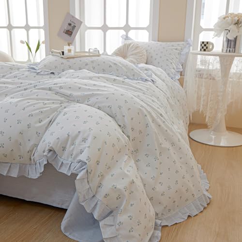Image of VM VOUGEMARKET Blue Flower Duvet Cover Set Queen,3 Pieces Romantic Ruffle Duvet Cover with 2 Lace Pillow Shams,100% Cotton Princess Bedding Set for Girls-Flower Striped Pattern