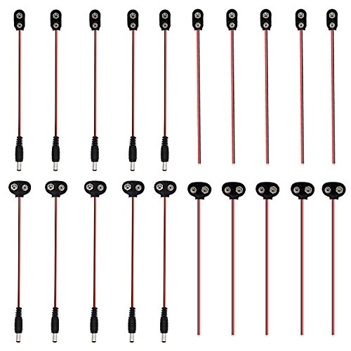 KEESIN 20 Pack I y T Tipo 9V Cable de conector de batería Cable 2.1x5.5mm Conector de alimentación de CC macho Soporte de batería (10 piezas Tipo I + 10 piezas Tipo T)