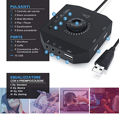 CSL - Scheda audio USB esterna e HUB USB e Amplificatore Cuffie 3 in 1 - Uscita per cuffia con microfono gaming a 4 poli - Audio OUT - Mic in - Controllo volume e Equalizzatore - LED blu - nero