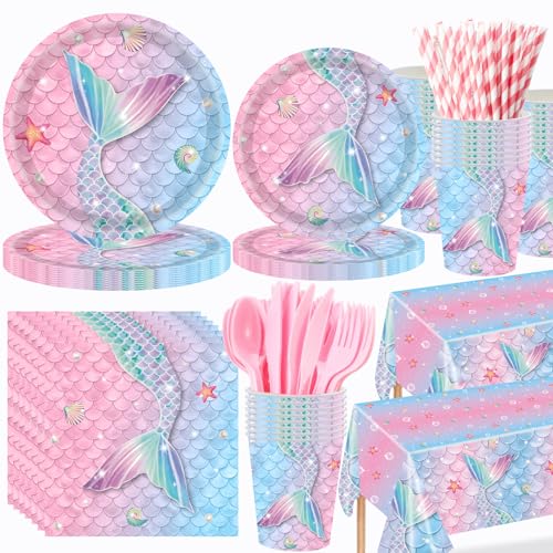 Image of Funnymoom 452 Pcs Mermaid Party Decorations Include Sea Mermaid Paper Plates Napkins Cups Tablecloth Cutlery Straws Ocean Tableware for Baby Shower Birthday Party Supplies
